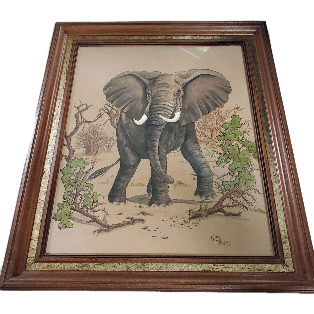 Vintage Framed Art Print Elephant Portrait Signed Kinzie South Bend Indiana